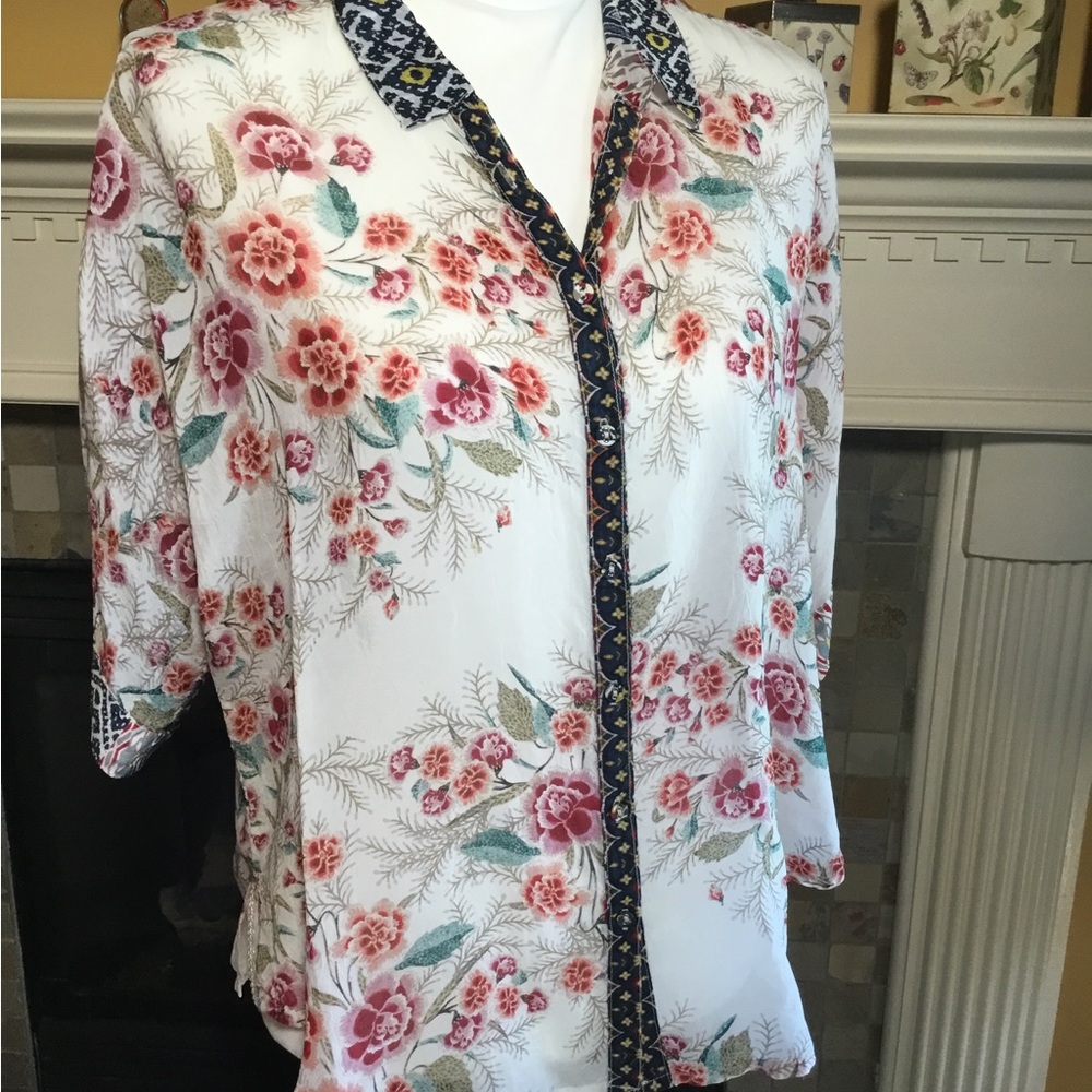 JOHNNY WAS Boho Floral Print White Button-Front Women's Top